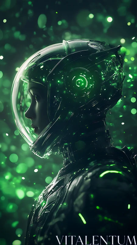Profile view of armored astronaut in green particle field.