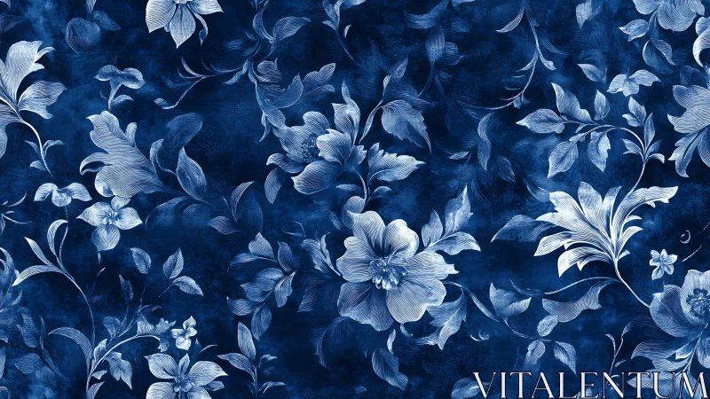 Monochrome indigo floral engraving with layered botanical density.