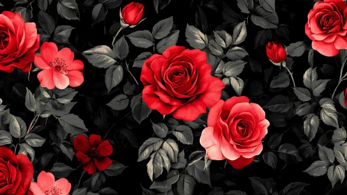 Vibrant Red Roses Against Dark Foliage Background.