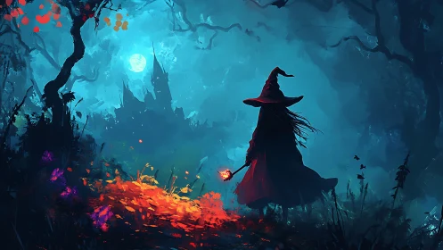 Silhouetted witch approaches moonlit castle through spectral forest