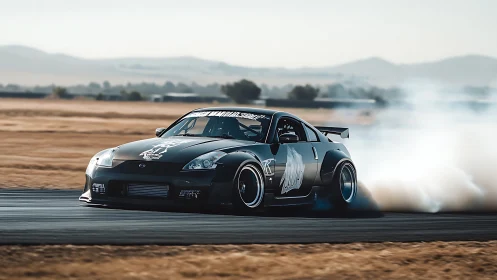 Modified black sports car drifts on racetrack generating smoke