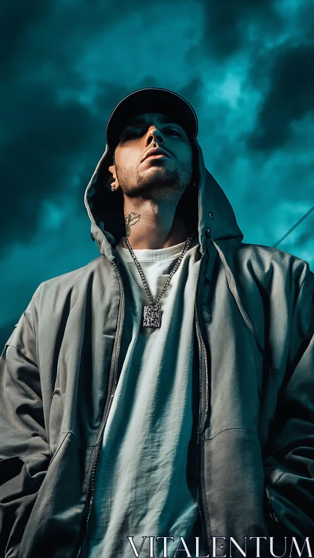 Hooded man stands under dark teal clouds at low angle