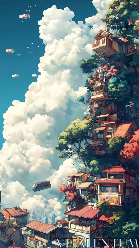 Vertical hillside city with clouds and floating buses.