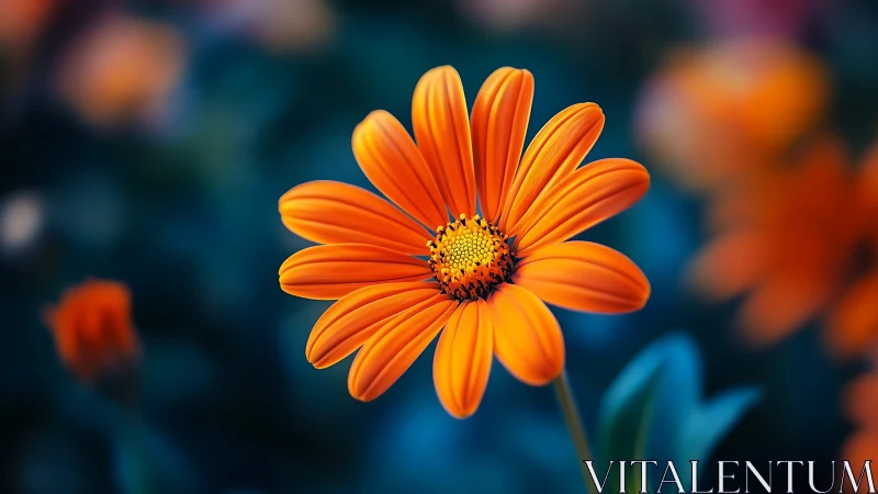 Orange Gerbera Daisy with Radiating Petals Against Deep Blue Bokeh