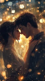 Intimate Portrait: Couple Embraced in Golden Bokeh Ambiance