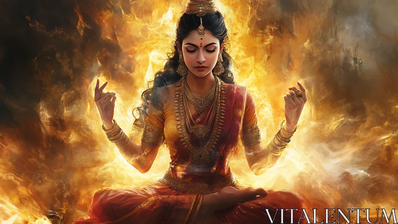 Blazing Lotus Goddess in Meditation Amid Living Firestorm.