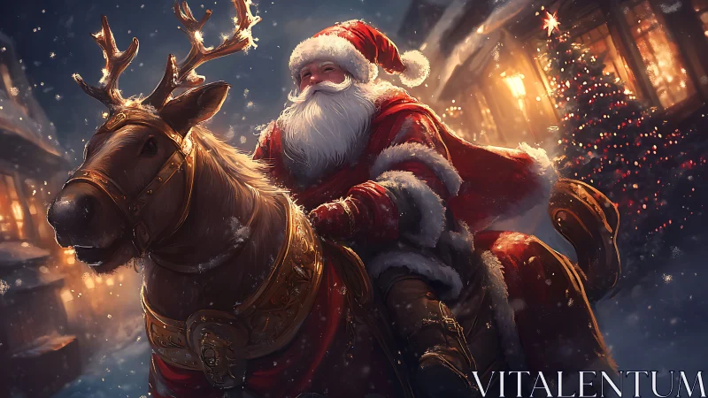 Santa Claus riding reindeer through snowy village street.