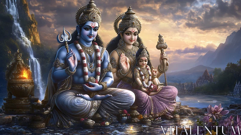 Divine Hindu family rendered in luminous digital realism.