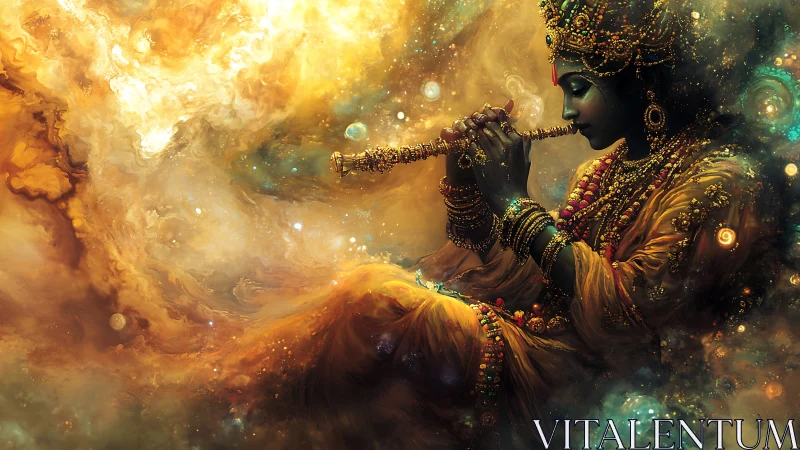 Divine musician drifts through swirling cosmic golden clouds.
