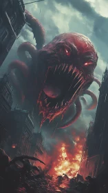 Colossal infernal leviathan over burning dystopian cityscape.