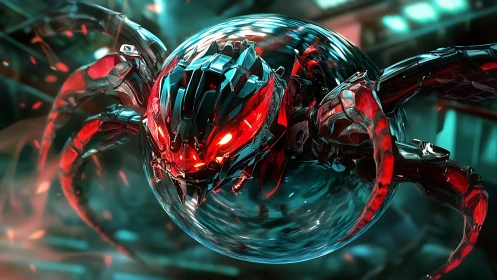 Cybernetic arachnid drone in glossy red chromatic armor.
