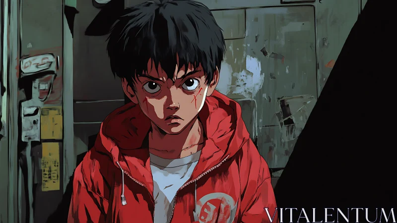 Brooding anime youth in red jacket under harsh urban light.