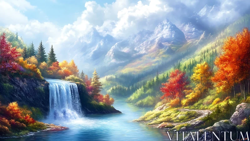 Autumn waterfall serenade beneath cloud-draped crystal peaks.