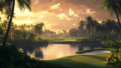 Tropical golf lagoon under glowing sunset sky panorama.