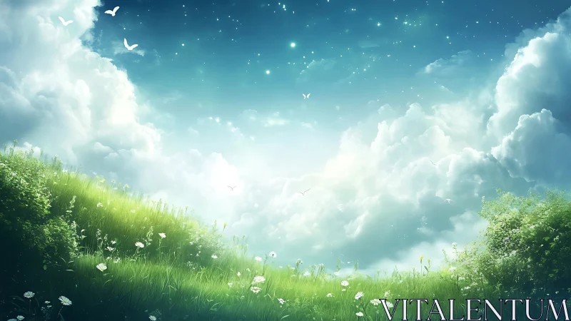 Sunlit meadow slopes under luminous clouds and starry sky