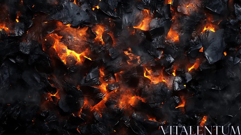 Actively burning charcoal bed with layered orange flames and blackened residue