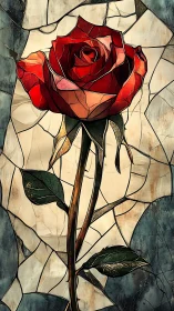 Glowing red rose stands tall in elegant stained glass art