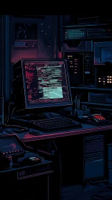 Cyberpunk terminal with glowing source code in dark lab.