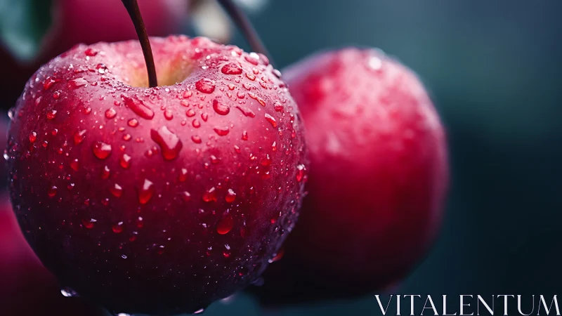 Juicy red apples glistening softly with fresh morning dew.
