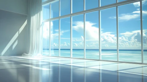 Minimalist seafront interior with panoramic glazing design.