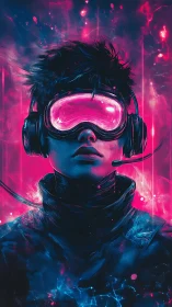 Neon cyber headset gamer in vivid virtual glow.