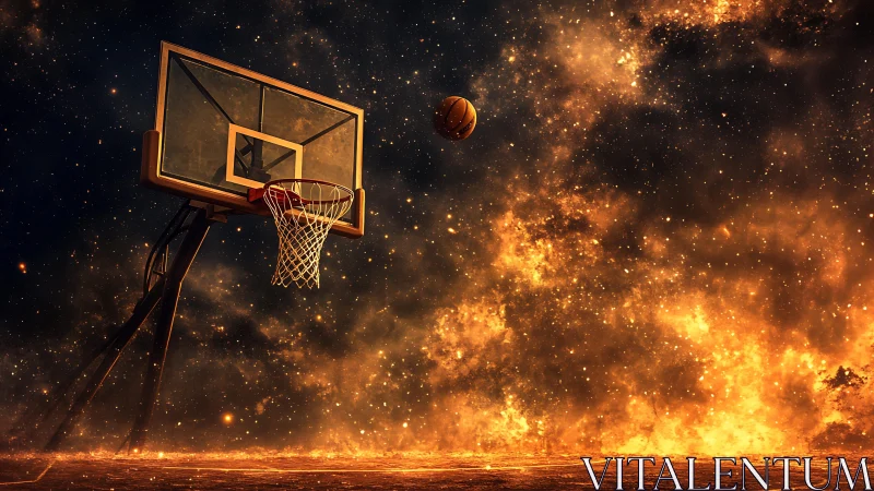 Celestial basketball rim amid nebular plasma field at dusk.