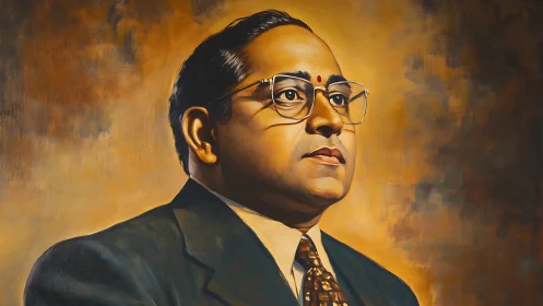 Formal portrait of suited man with glasses against warm backdrop