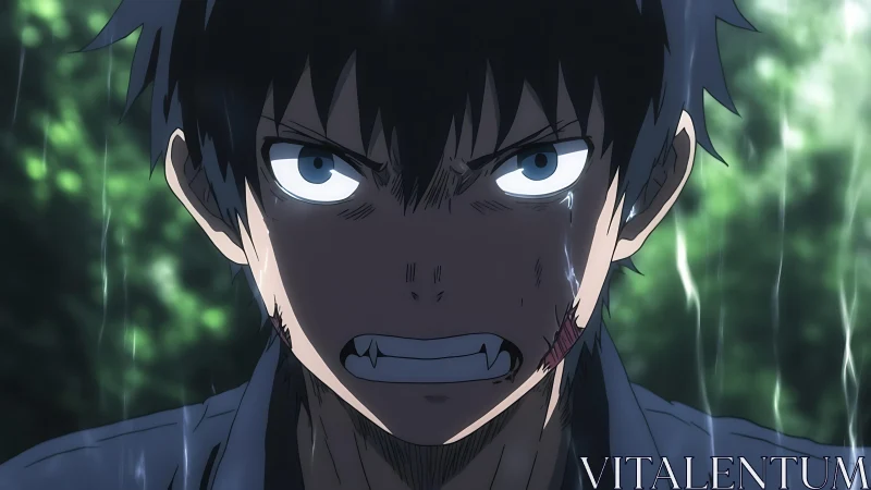 Storm-lit resolve on a rain-soaked anime hero’s face.