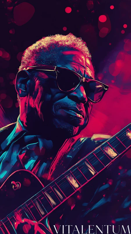 Electric blues guitarist portrait in neon duotone lighting.