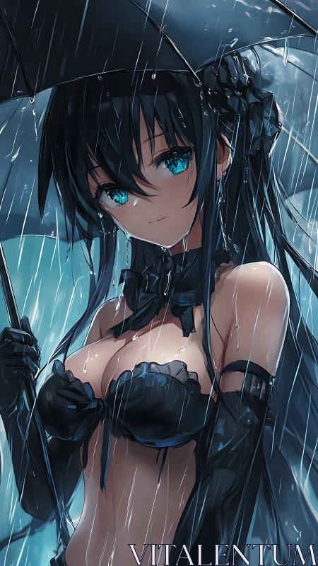 Anime girl stands in heavy rain holding umbrella in close view