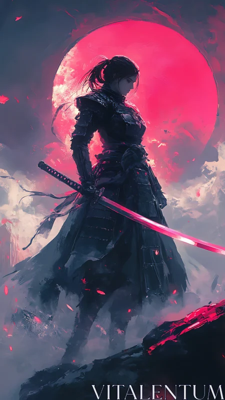 Crimson moonlit samurai silhouette with luminous katana.