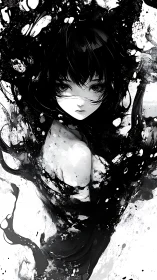 Ink-shrouded anime girl emerges from monochrome darkness.