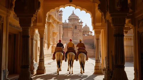 Three riders on horses move through ornate sandstone arch