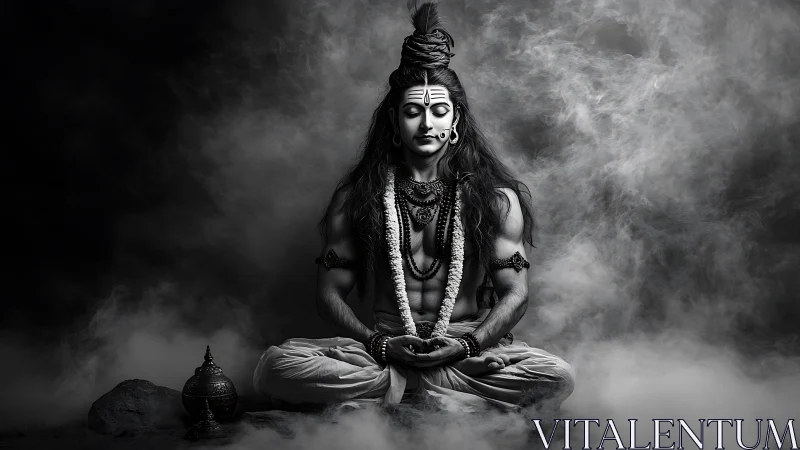 Monochrome meditative yogi amid volumetric smoke and dramatic lighting