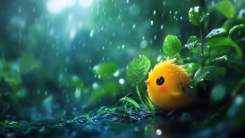 Rain-kissed chick sheltered by glowing garden leaves.
