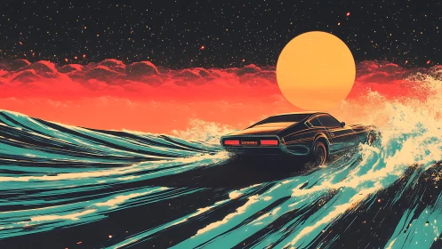 Midnight muscle car surfs neon tides beneath swollen sun
