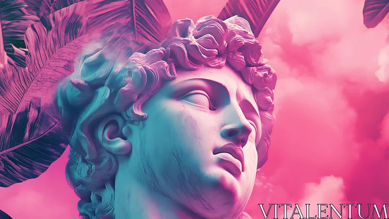 Classical marble bust with tropical leaves in neon tones.