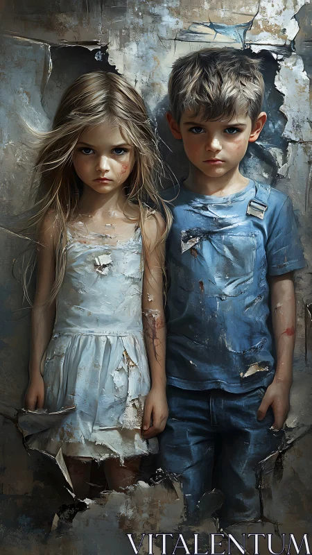 Two children in distressed clothing against deteriorating wall
