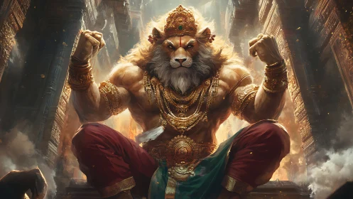 Lion-headed warrior deity in ornate temple interior, dynamic pose.