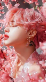 Androgynous portrait in cherry blossoms with ethereal lighting