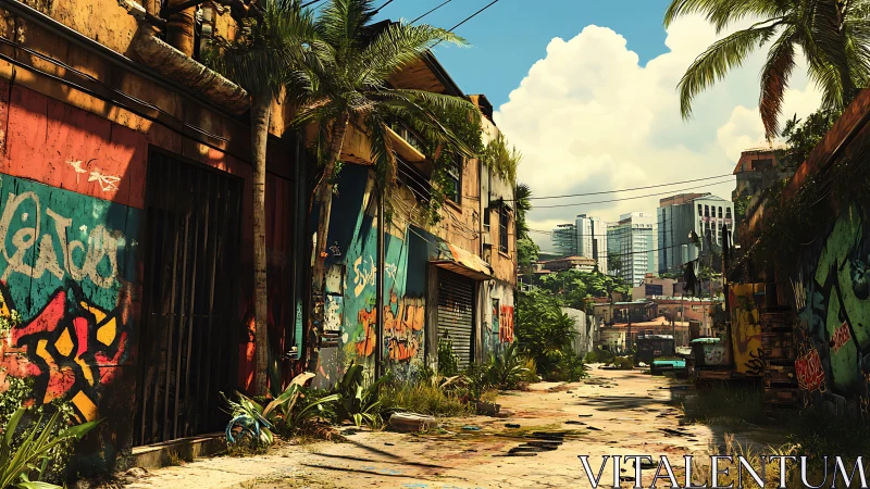 Sunlit alley lets tropical graffiti clash with rising towers