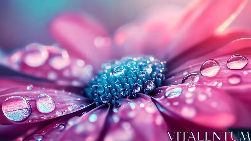 Macro Flower Petals with Water Droplets in Pink and Blue.