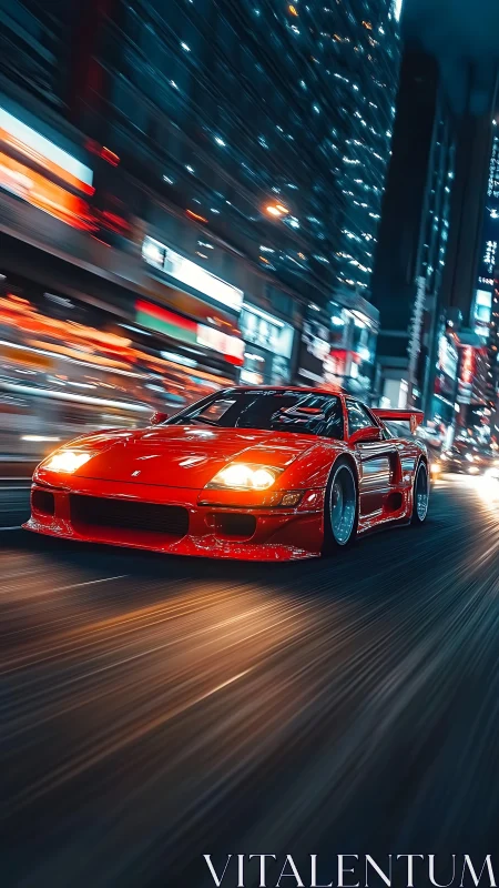 Scarlet sports car slices through a neon city night in motion