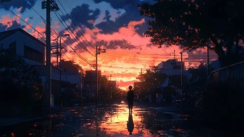 Solitary figure crosses glowing sunset street reflection.