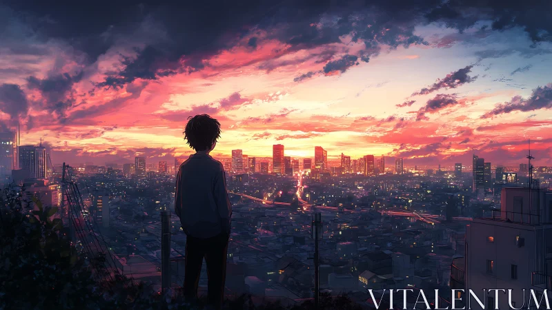 Silhouette figure overlooking illuminated city at dusk.