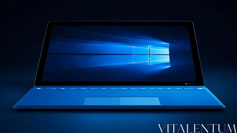 Slim blue ultrabook with Windows 10 lock screen in dark studio