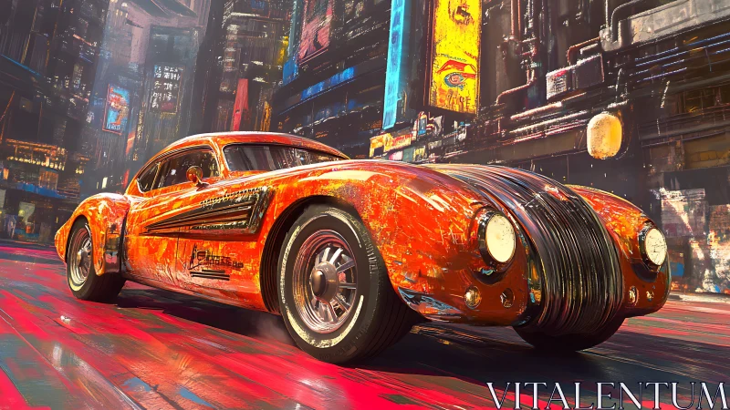 Neon-soaked retro coupe blazes through electric city night.