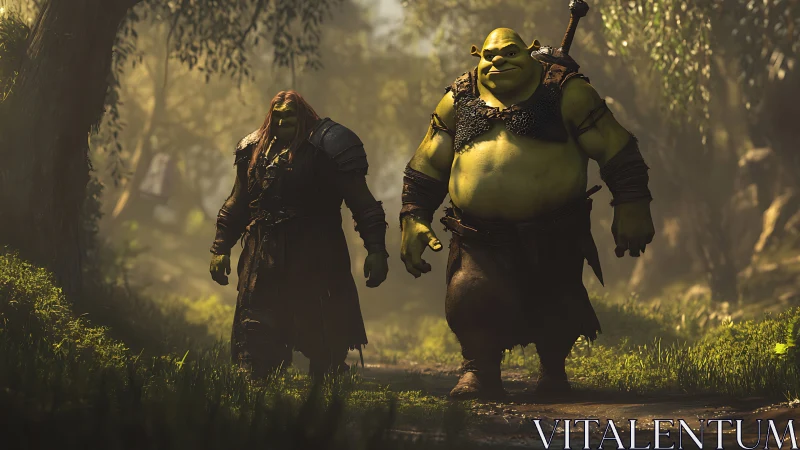 Orc warriors walking through misty forest path at dawn.