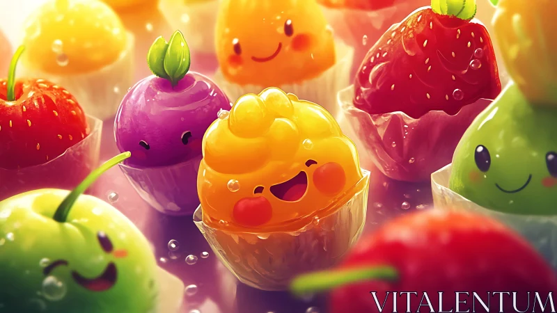 Colorful anthropomorphic fruit desserts arranged in cups.