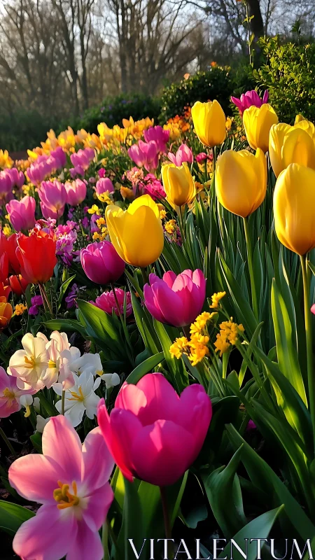 Spring tulip garden with pink, yellow, and red blooms